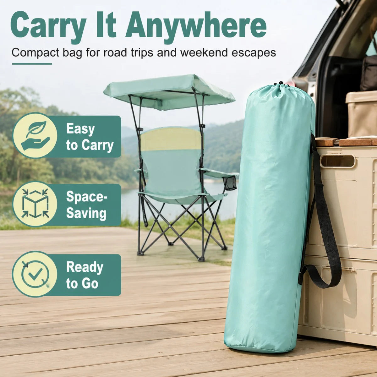 Portable Beach Chair with Cup Holder & Side Pocket, Duty Lawn Chair with Carry Bag for Camping, Beach, Fishing, Patio, Hiking,YOUNG WOOD Outdoor Folding Camping Chair with Adjustable Canopy