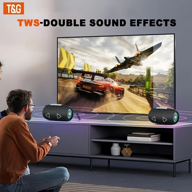 TG657 Portable Wireless Outdoor Speaker,16W HD Stereo Sound,Colorful RGB LED Lights,1500mAh Rechargeable Battery,Hands-Free Call,TWS Pairing,Multi-Mode Playback,Waterproof Outdoor Bluetooth Speaker