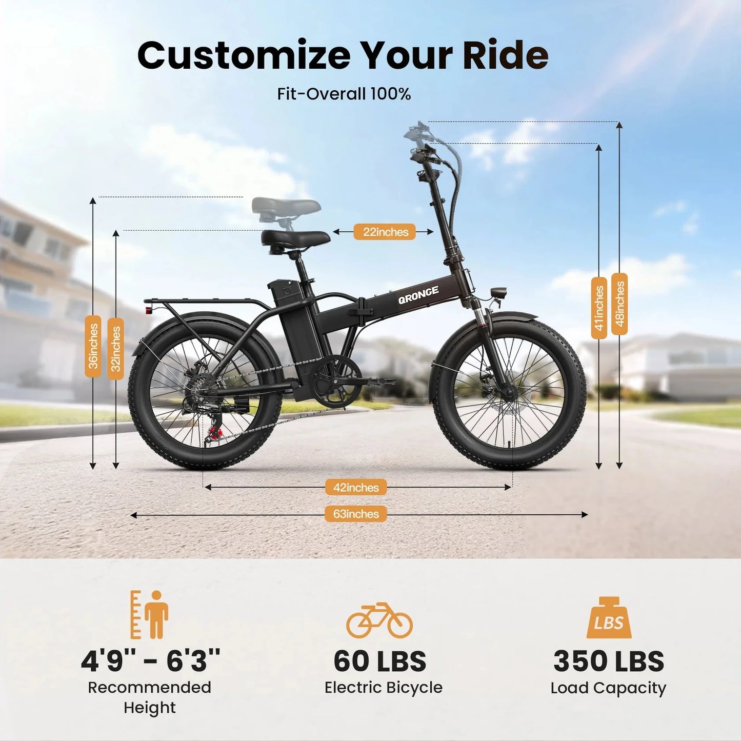 QRONGE Waterfall Folding Electric Bike 1000W Peak 48V 13.5AH Removable Battery Electric Bicycle 20" Fat Tire 28 MPH max E-Bike