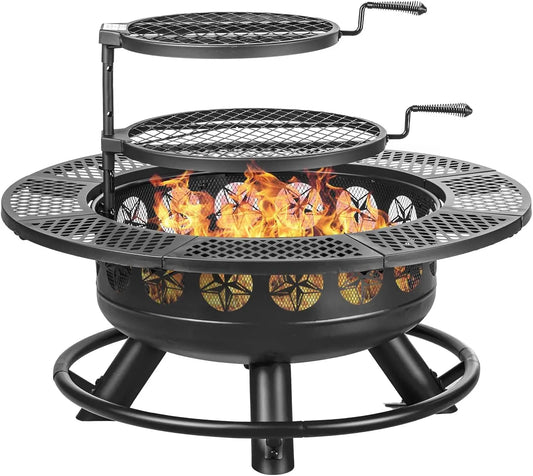 36 Inch Fire Pit with 2 Cooking Grills,Outdoor Wood Burning BBQ Firepit with Lid, 3-in-1