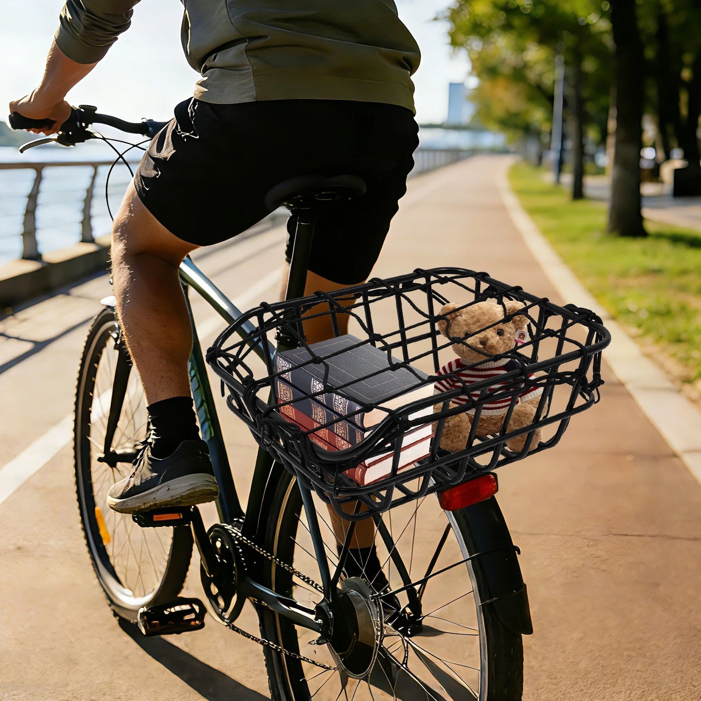 Bicycle Basket, Bike Rear Basket with Luggage Net & Rain Cover, Heavy Duty Iron Mesh 55lbs Load for Commuting Shopping