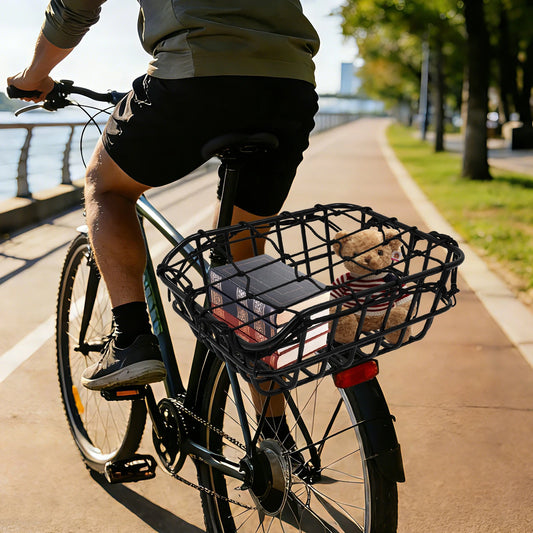 Bicycle Basket, Bike Rear Basket with Luggage Net & Rain Cover, Heavy Duty Iron Mesh 55lbs Load for Commuting Shopping
