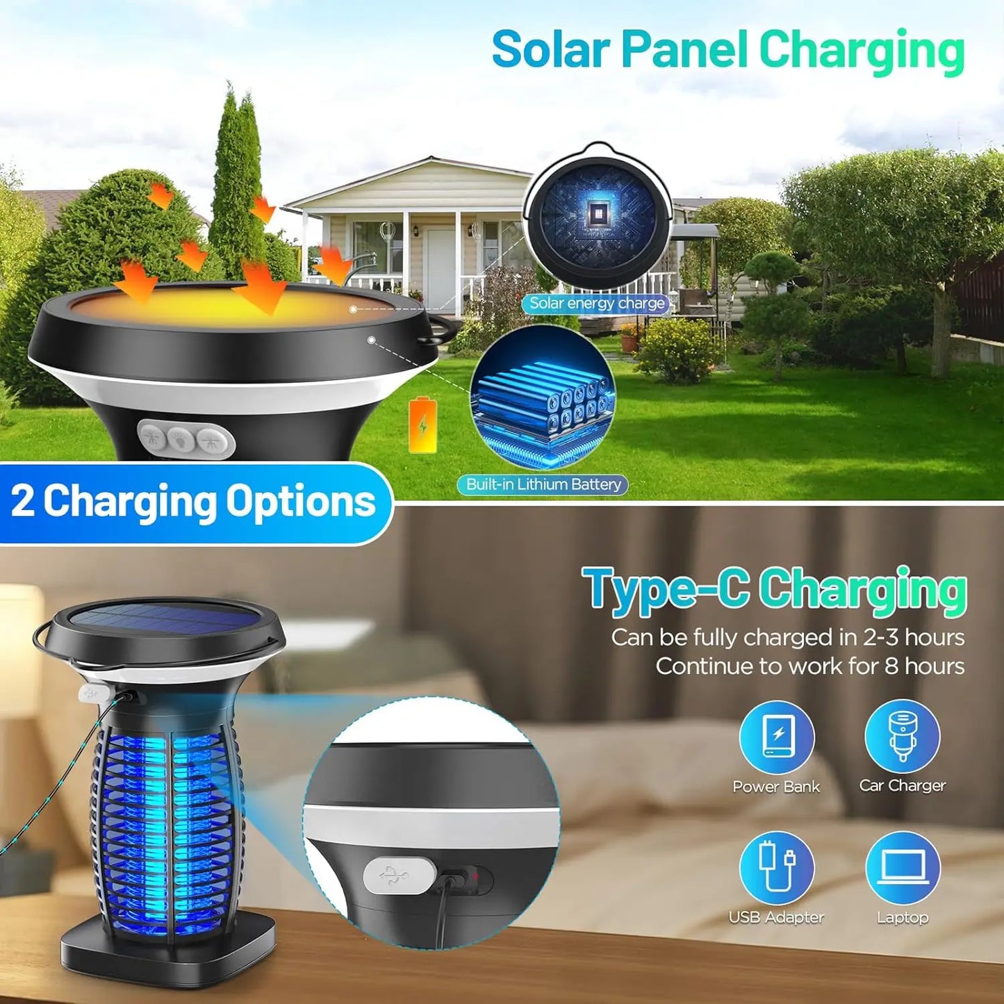 Solar Bug Zapper Outdoor Waterproof Mosquitoes Zapper Portable & Rechargeable Electric Fly Zapper with Panel Sensor & LED Night