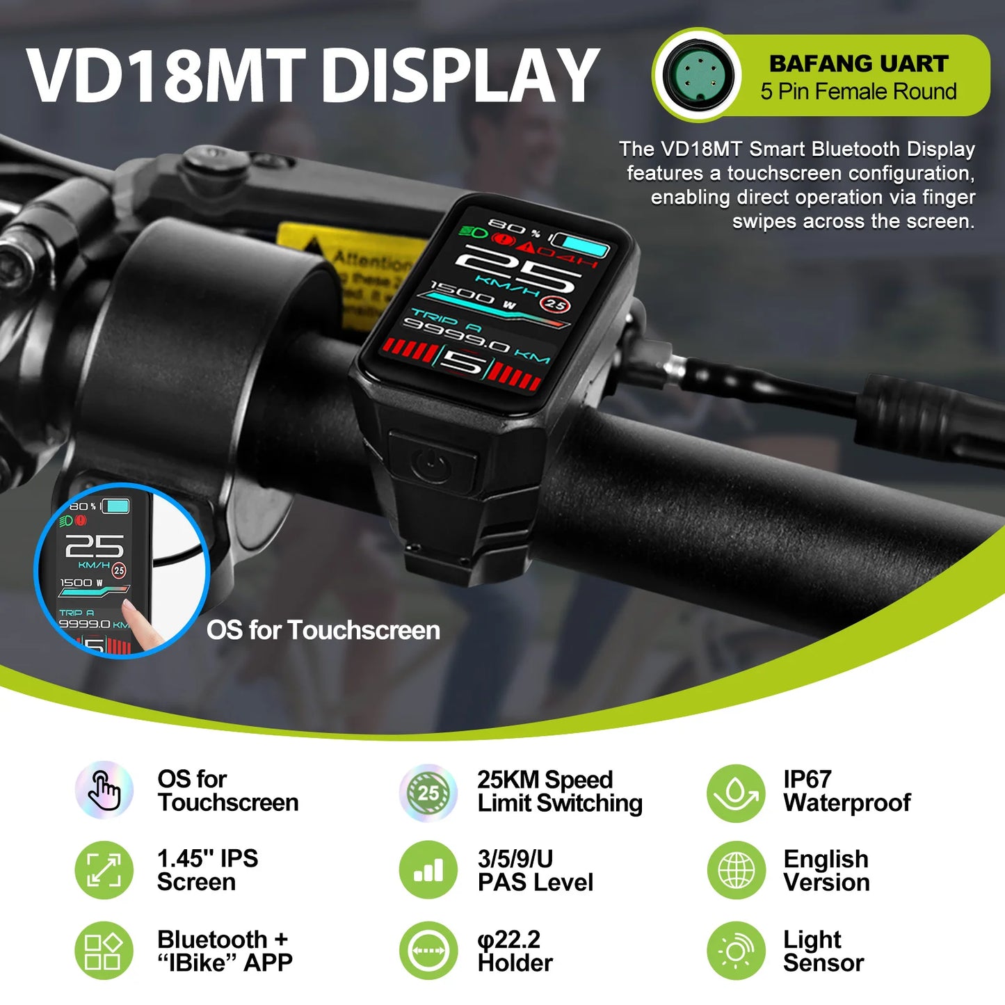 VD18MT Electric Bike Display Color Touch Screen CAN / UART Bluetooth eBike Computer 9 PAS For BAFANG Tongsheng Motor Protocol