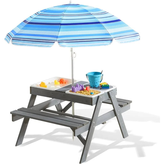 Beright 3-in-1 Kids Picnic Table, Play Sand And Water Sensory Table With Height Adjustable Umbrella & Removable Tabletop, Kids W