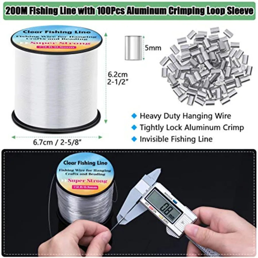Hanging Wire Clear, Thick Fishing Line Nylon String Picture Frame Wire with 100Pcs Crimps Sleeves 70lb Invisible Line for Ballo