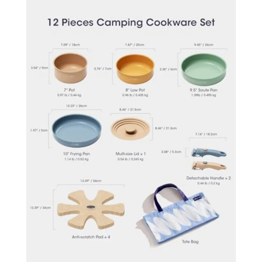 Ceramic Cookware Set, Detachable Handle Pots and Pans Non Stick, 12-Piece Camping Cooking Set Nonstick with Storage Bag, Anti-S