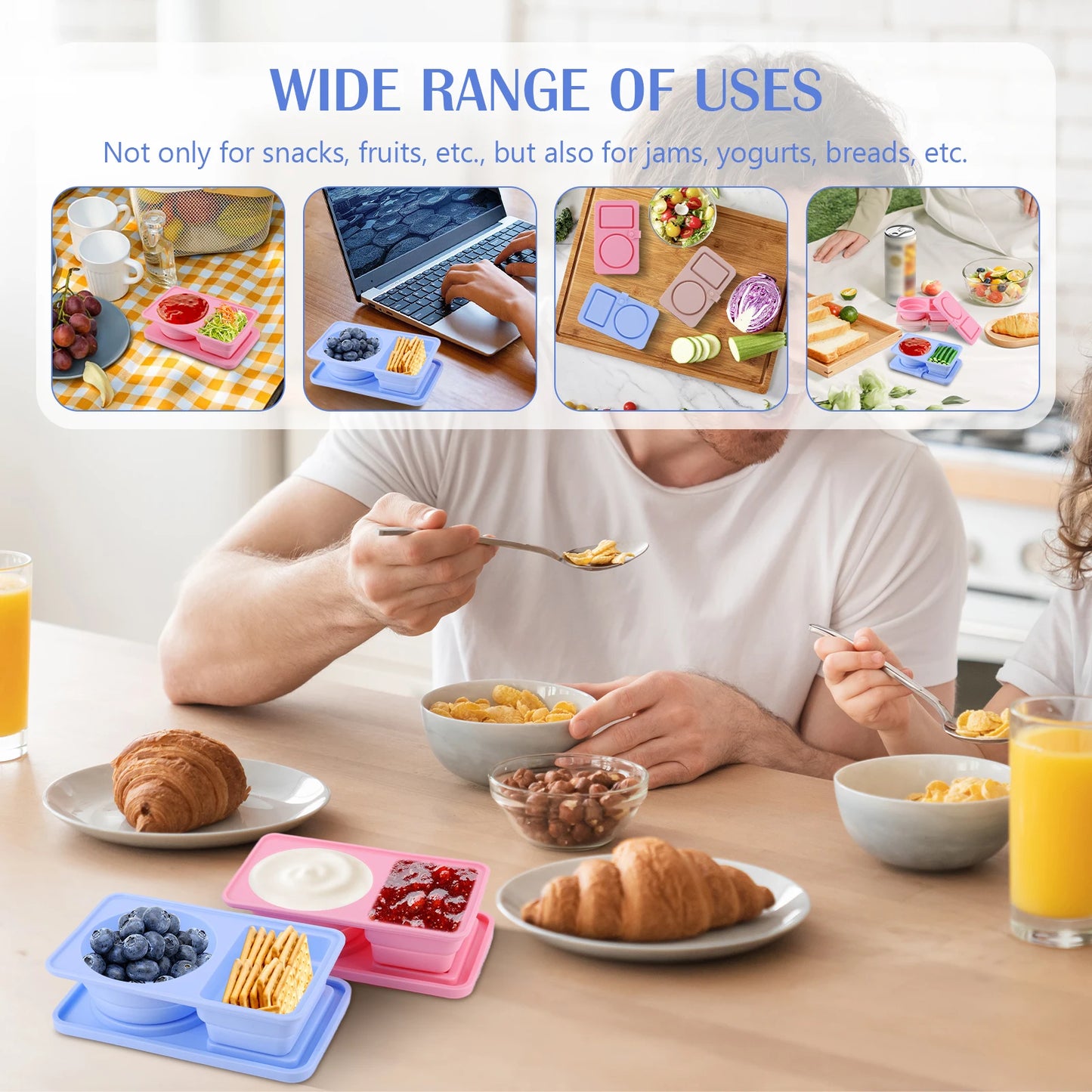 VAKINDFood 3 Piece Silicone Snack Containers With 2 Compartments