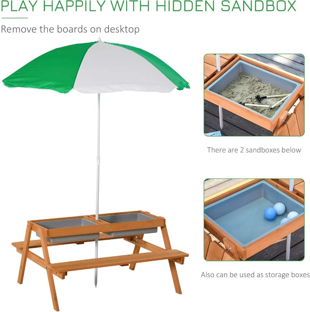 3-in-1 Kids Sand Water Table with Umbrella, Convertible Wooden Picnic Bench for Outdoor Garden Play