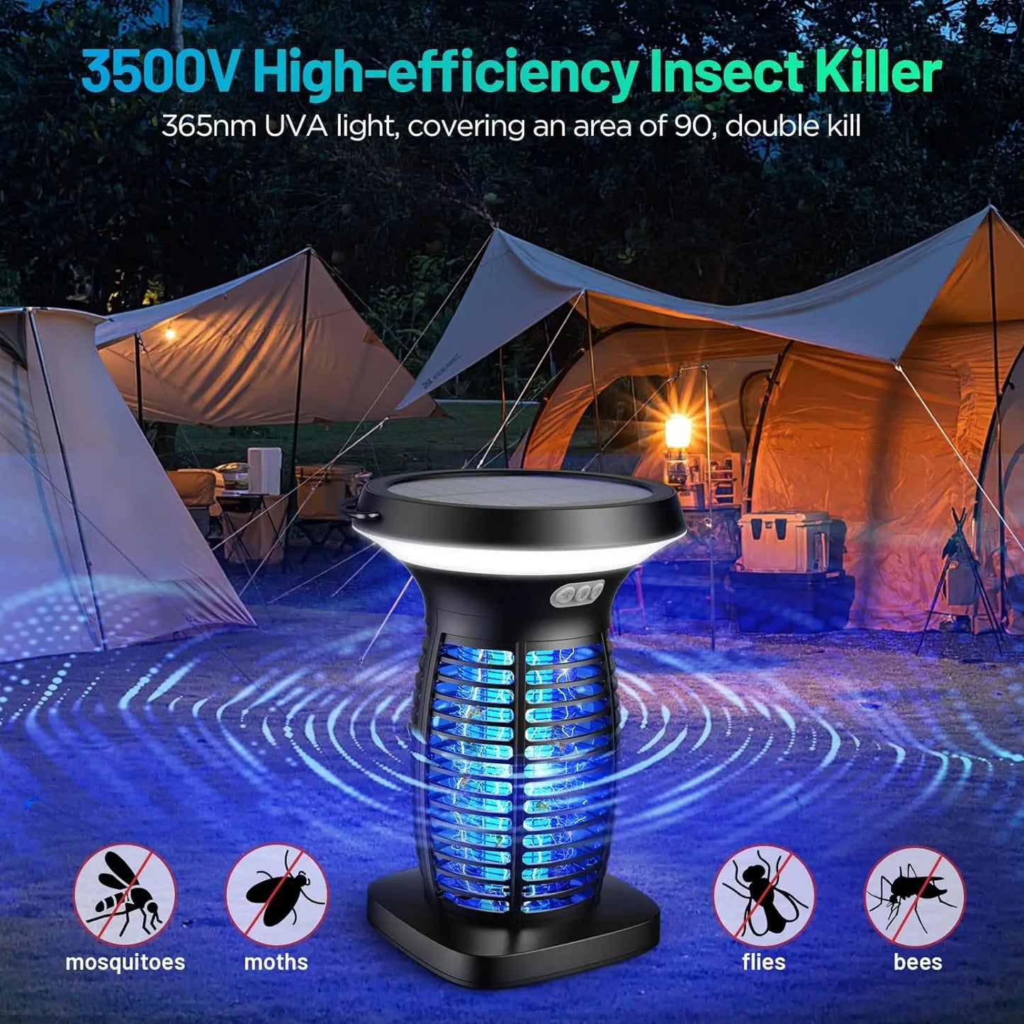Solar Bug Zapper Outdoor Waterproof Mosquitoes Zapper Portable & Rechargeable Electric Fly Zapper with Panel Sensor & LED Night