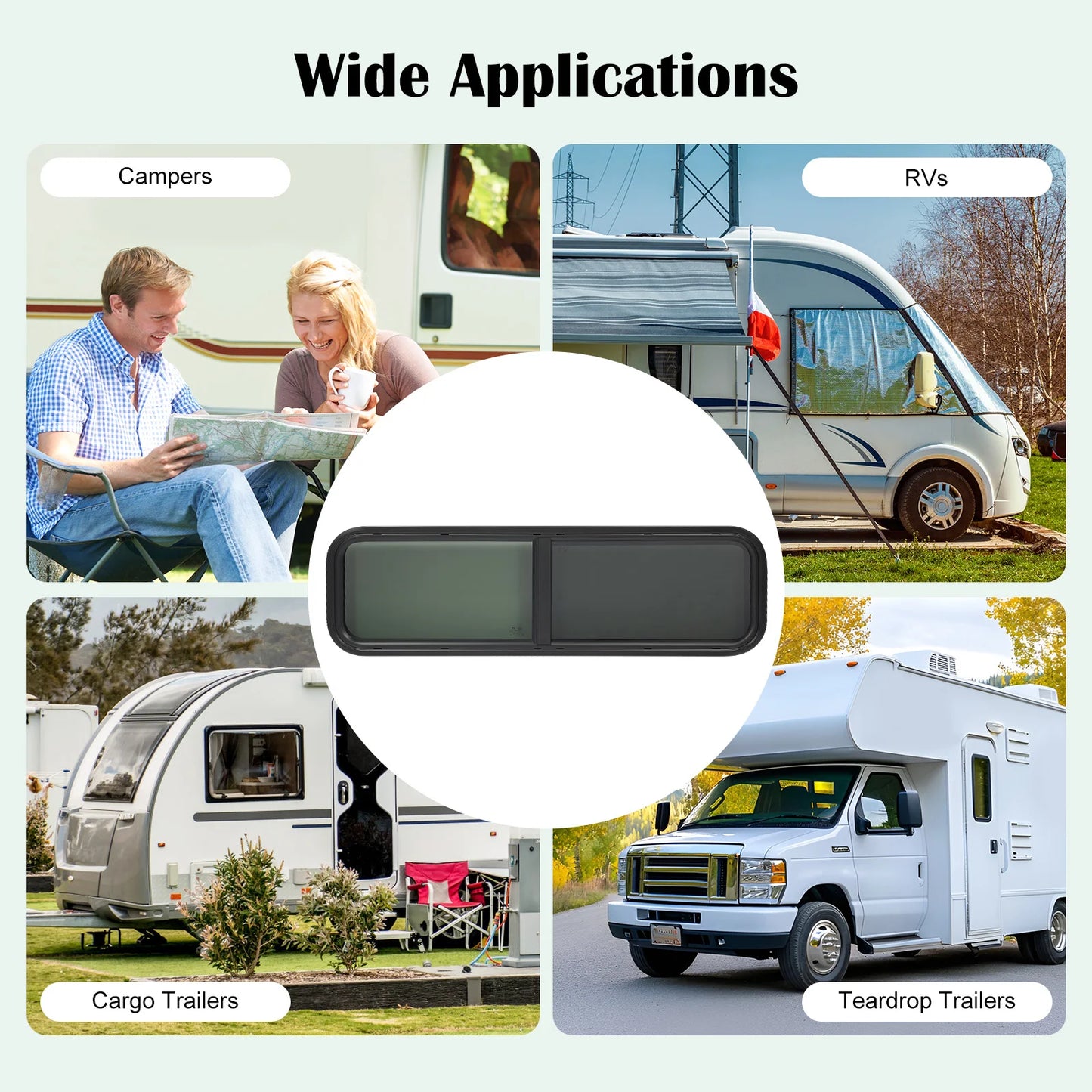 RV Horizontal Sliding Window 42'W X 12'H Black Aluminum Alloy Frame with Privacy Tinted Tempered Glass, Built-in Screen & Decorative Trim Ring, Waterproof Seal & Security Lock for RV Camper Trailer Cargo Van