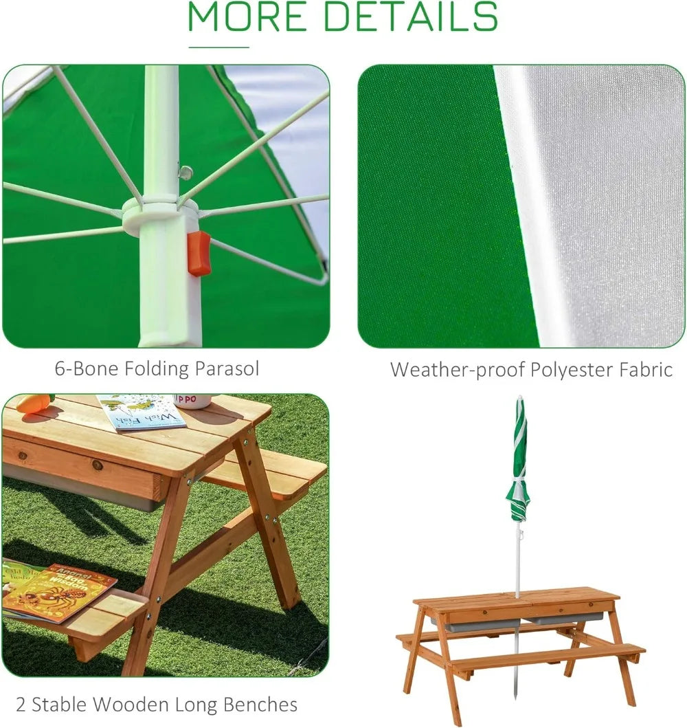 3-in-1 Kids Sand Water Table with Umbrella, Convertible Wooden Picnic Bench for Outdoor Garden Play