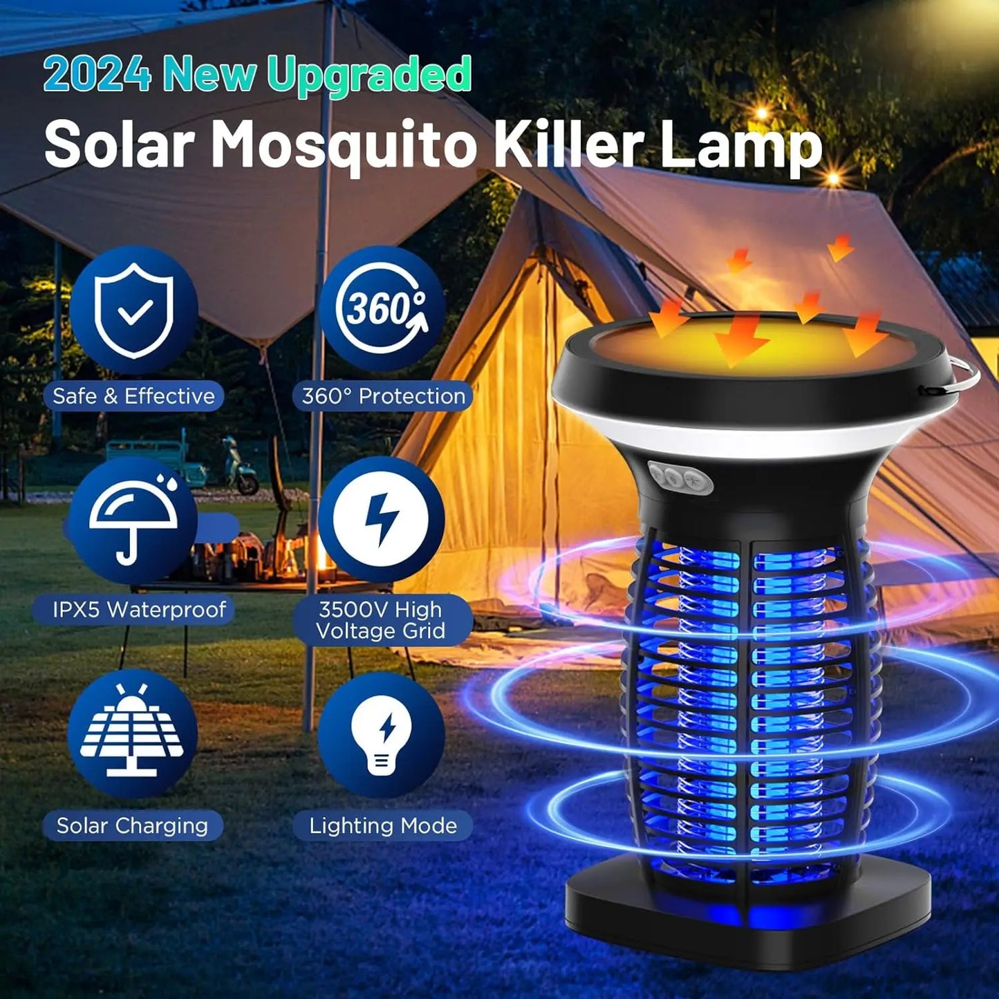 Solar Bug Zapper Outdoor Waterproof Mosquitoes Zapper Portable & Rechargeable Electric Fly Zapper with Panel Sensor & LED Night