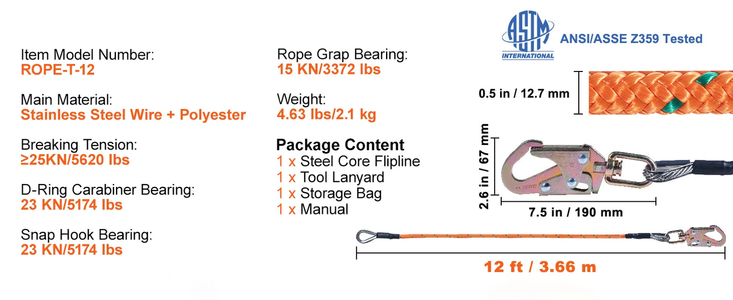 SucceBuy Steel Wire Core Flip Line Kit 25 KN Breaking Tension Solid Snap Hooks & Rope Grap for Arborists Tree Climbers Outdoors