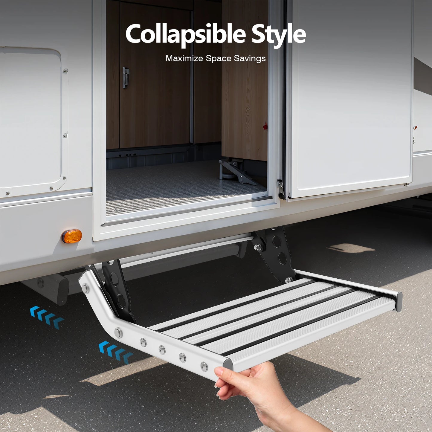 12V Folding RV Step Folding Camper Step, Welcome Ladder, 44cm Step Board Motorhomes with LED Light Strip Bar