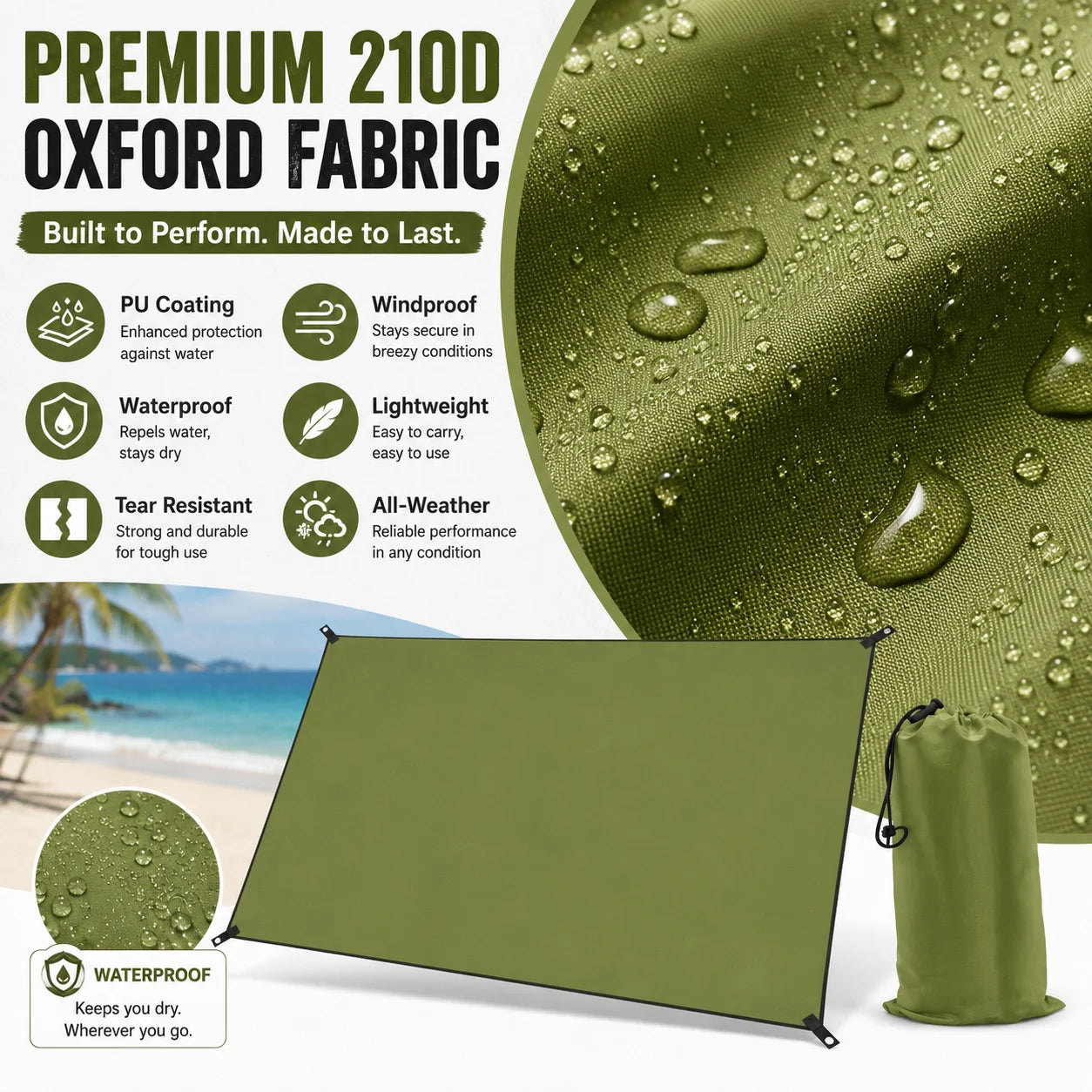 59x83" Outdoor Waterproof Tarp Camping Awning Backpacking Rain Shelter Tent Portable Sun Shade Canopy Ground Sheet for Hiking Picnic Beach Hammock Camp Gear Durable Lightweight Ripstop Cover with Grommets Ropes Storage Bag Ac
