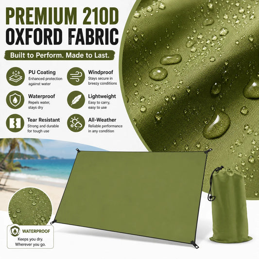 59x83" Outdoor Waterproof Tarp Camping Awning Backpacking Rain Shelter Tent Portable Sun Shade Canopy Ground Sheet for Hiking Picnic Beach Hammock Camp Gear Durable Lightweight Ripstop Cover with Grommets Ropes Storage Bag Ac
