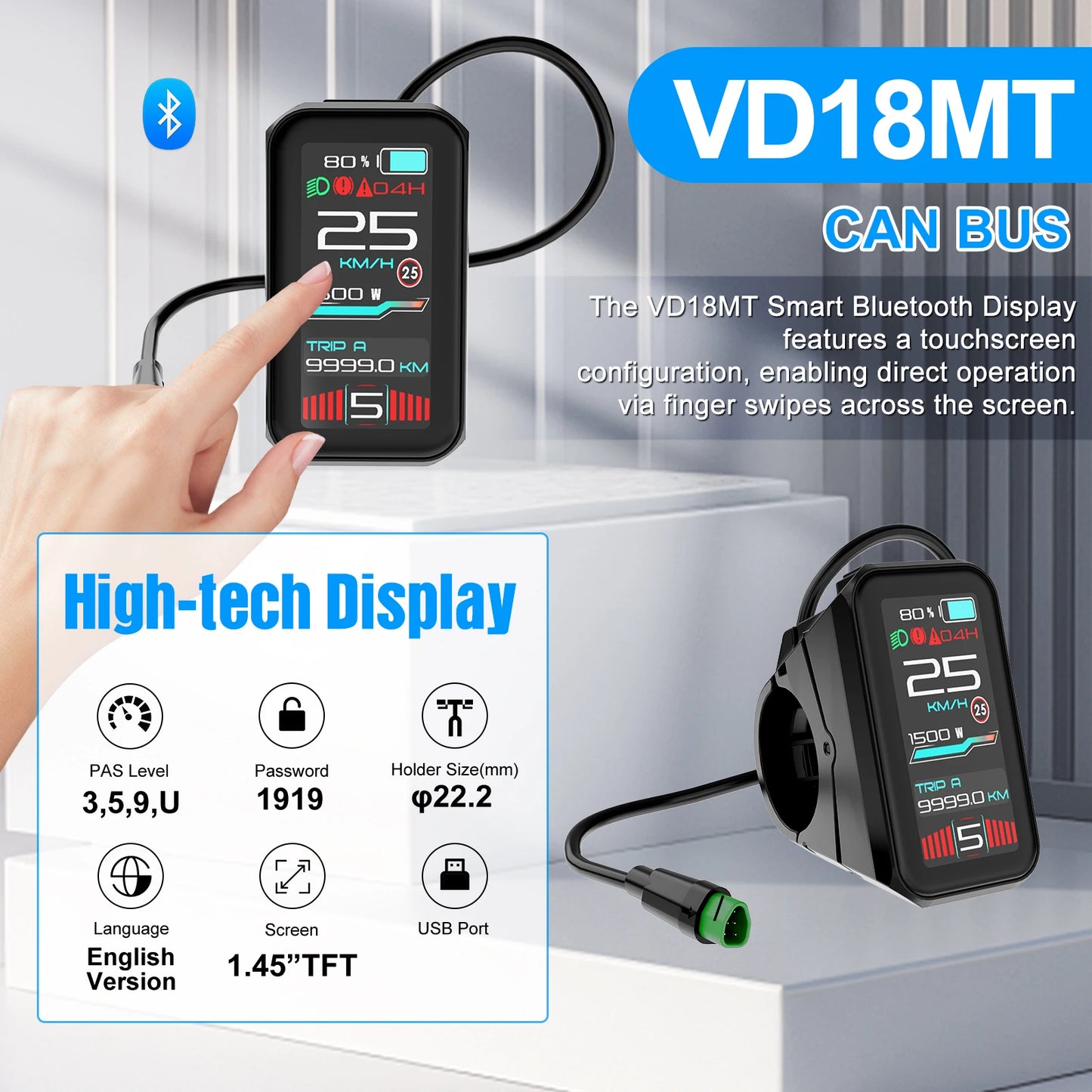 VD18MT Electric Bike Display Color Touch Screen CAN / UART Bluetooth eBike Computer 9 PAS For BAFANG Tongsheng Motor Protocol