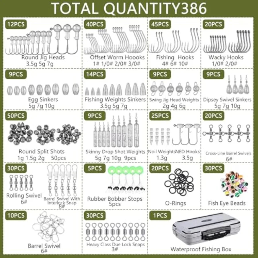 397 Pcs Fishing Accessories Kit Tools Include Backpack Fishing Tackle Box with Hooks Weights Sinkers Spinner Blade Gear in Blac