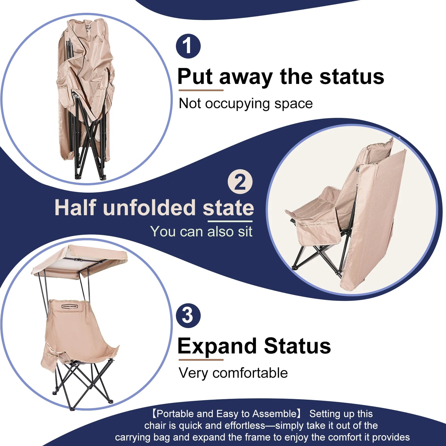 Fold Lightweight Oversized For All YOUNG WOOD Portable Camping Chair Beach Chair With Shade Canopy, Easy To Open And Close