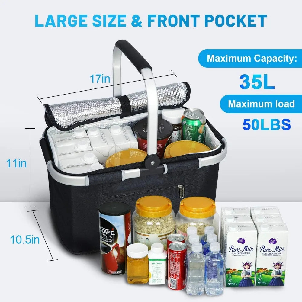 Large 35L Insulated Picnic Basket with Double Layer Pockets Leak Proof Foldable Stable for Outdoor Use