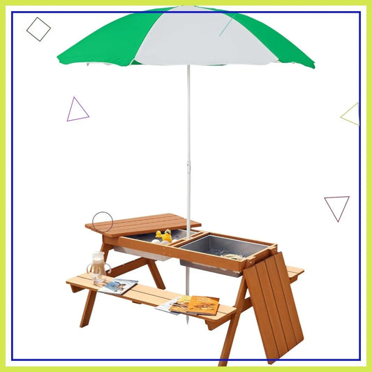 3-in-1 Kids Sand Water Table with Umbrella, Convertible Wooden Picnic Bench for Outdoor Garden Play