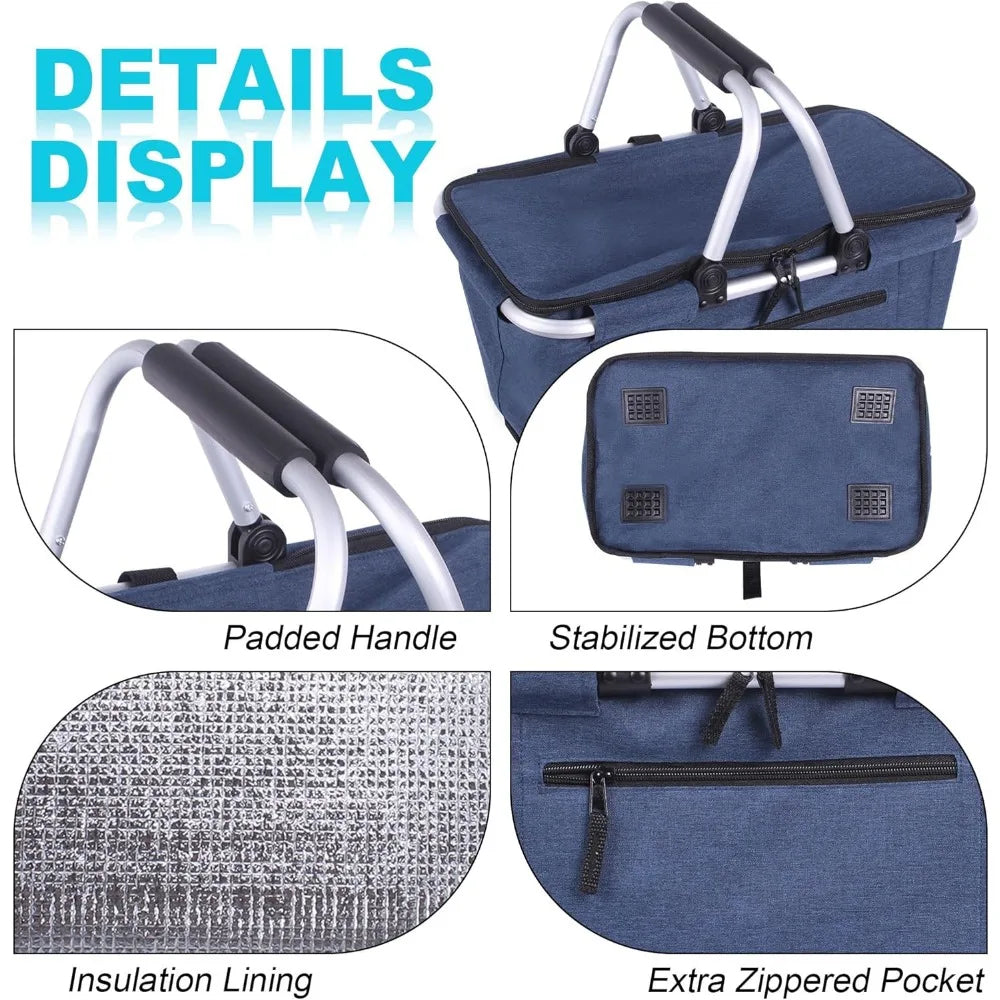 Collapsible Insulated Picnic Cooler Basket 27L Reusable Folding Grocery Carrier with Lid and Handles for Travel