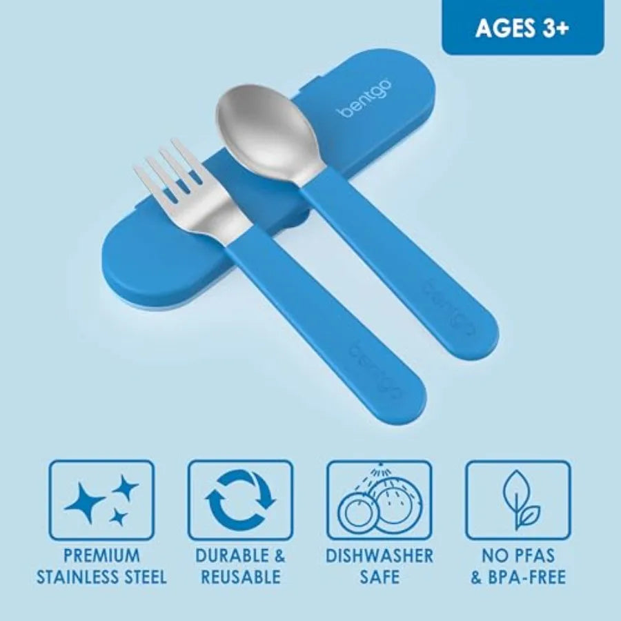 Stainless Steel Utensil Set for School Lunch, Travel Outdoors - Blue, PFAS- BPA-Free, Easy-Grip Handles, Lightweight, Dishwashe
