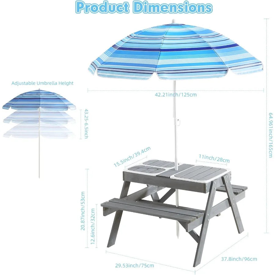 Beright 3-in-1 Kids Picnic Table, Play Sand And Water Sensory Table With Height Adjustable Umbrella & Removable Tabletop, Kids W