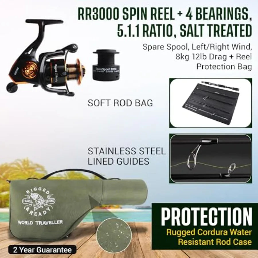 Rigged and Ready Smuggler Series™ Travel Fishing Rods. Super Compact, 1 Spinning Rod and Reel Combo, 4 Spin, 1 Casting Rod + Ca