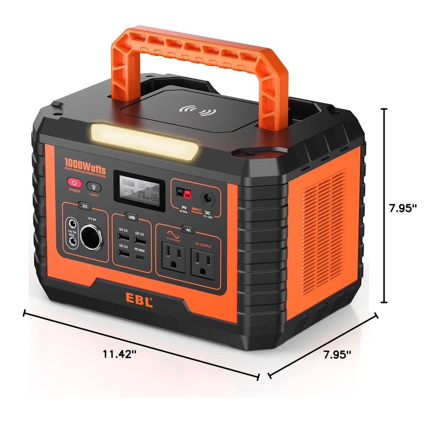 EBL Portable Solar Generator 1000W Power Station Wireless Charging 110V Pure Sine Wave AC Outlet with PD 60W Fast Charge Battery