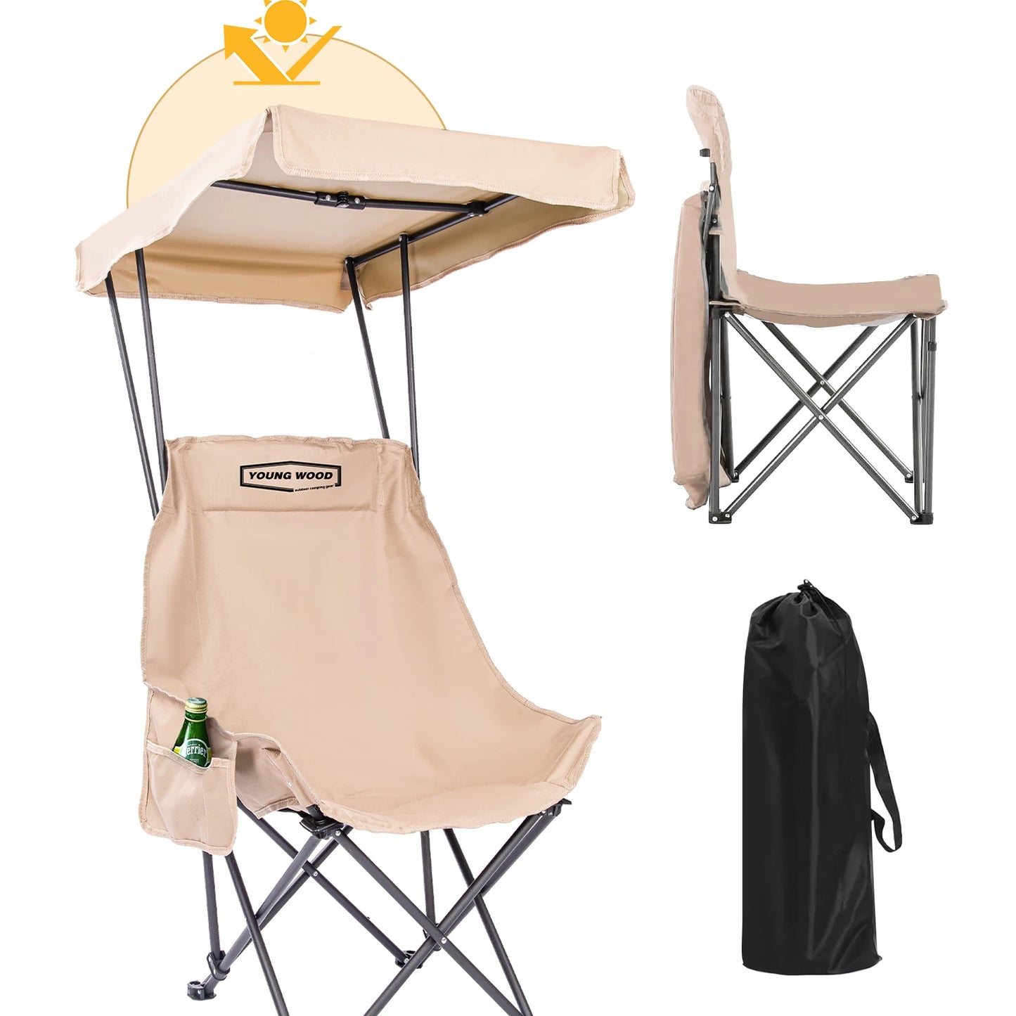 Fold Lightweight Oversized For All YOUNG WOOD Portable Camping Chair Beach Chair With Shade Canopy, Easy To Open And Close