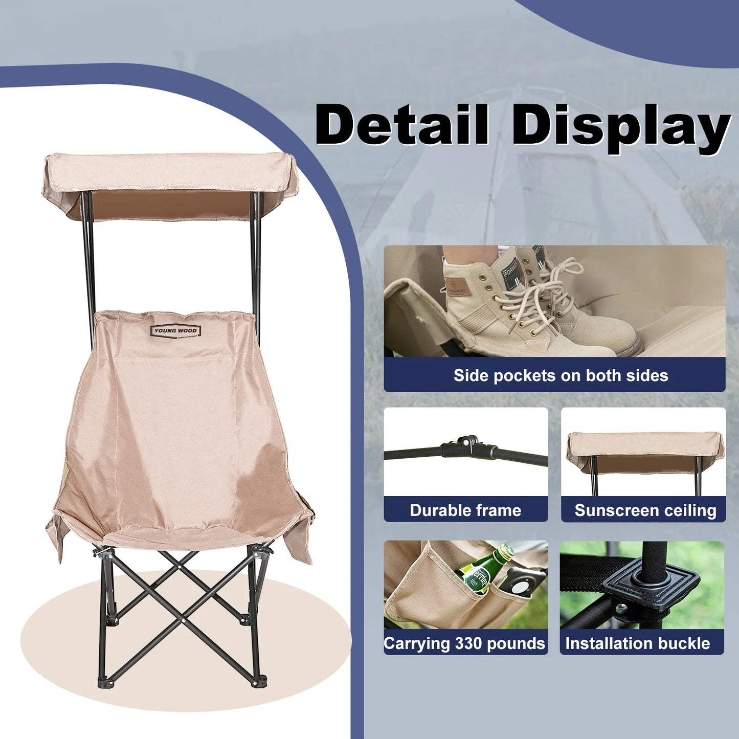 Fold Lightweight Oversized For All YOUNG WOOD Portable Camping Chair Beach Chair With Shade Canopy, Easy To Open And Close
