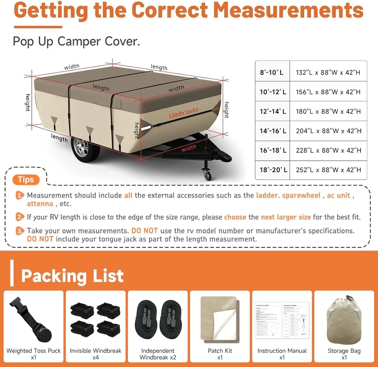 Umbrauto Pop Up Folding Camper Cover, Upgraded 7-Layers Top/3-Layers Side Waterproof Tent Trailer Cover with Accessory Kit