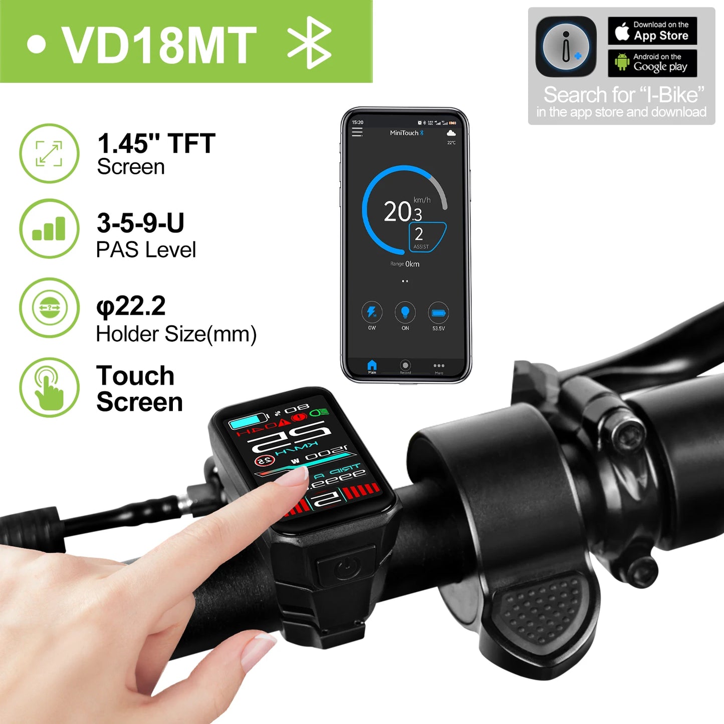 VD18MT Electric Bike Display Color Touch Screen CAN / UART Bluetooth eBike Computer 9 PAS For BAFANG Tongsheng Motor Protocol