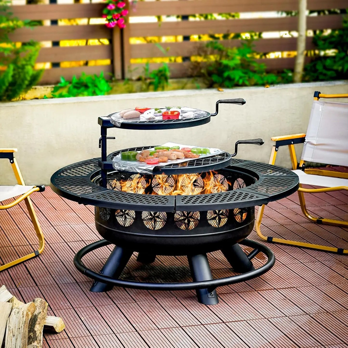 36 Inch Fire Pit with 2 Cooking Grills,Outdoor Wood Burning BBQ Firepit with Lid, 3-in-1