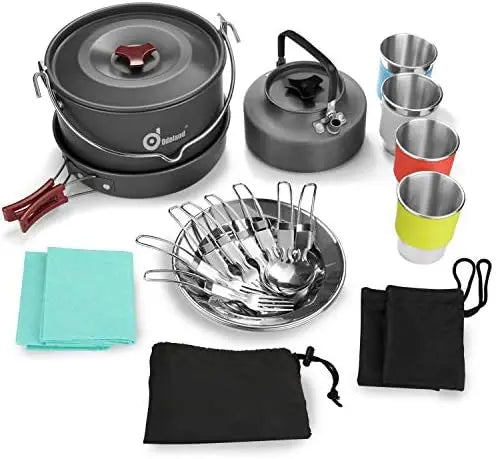 22pcs Camping Cookware MKit, Large Size Hanging Pot Pan Kettle with Base Cook Set for 4, Cups Dishes