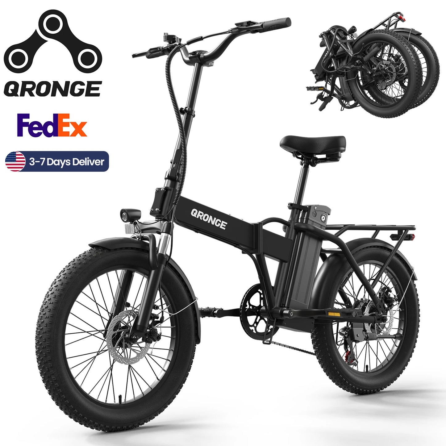 QRONGE Waterfall Folding Electric Bike 1000W Peak 48V 13.5AH Removable Battery Electric Bicycle 20" Fat Tire 28 MPH max E-Bike