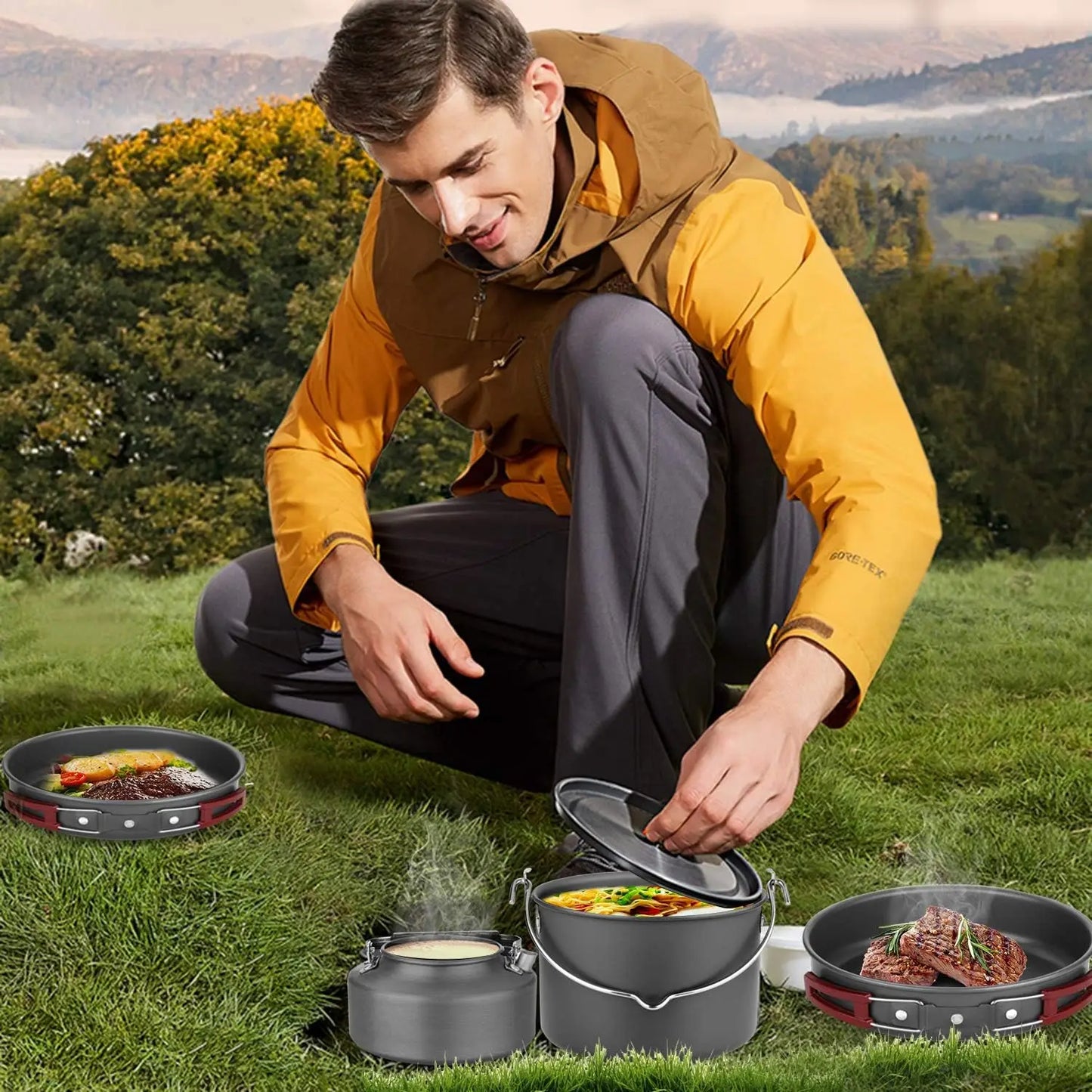 22pcs Camping Cookware MKit, Large Size Hanging Pot Pan Kettle with Base Cook Set for 4, Cups Dishes
