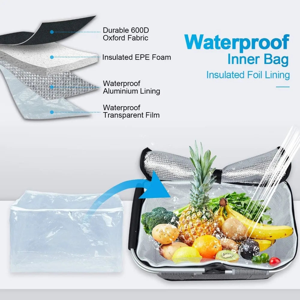 Large 35L Insulated Picnic Basket with Double Layer Pockets Leak Proof Foldable Stable for Outdoor Use