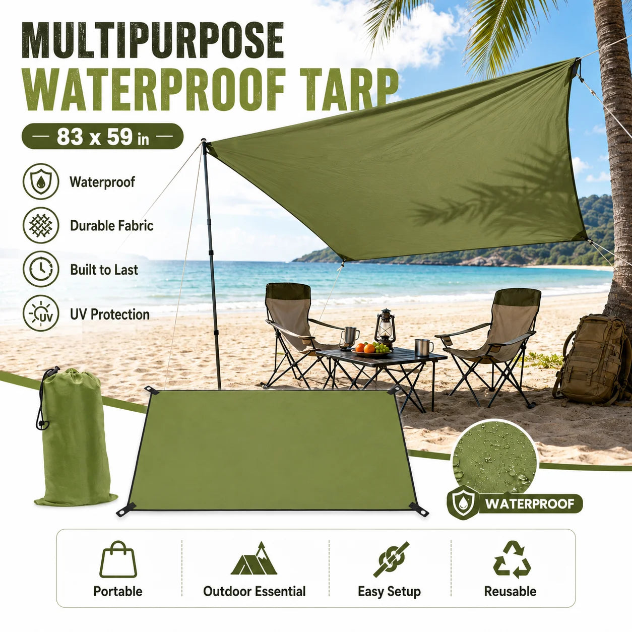 59x83" Outdoor Waterproof Tarp Camping Awning Backpacking Rain Shelter Tent Portable Sun Shade Canopy Ground Sheet for Hiking Picnic Beach Hammock Camp Gear Durable Lightweight Ripstop Cover with Grommets Ropes Storage Bag Ac