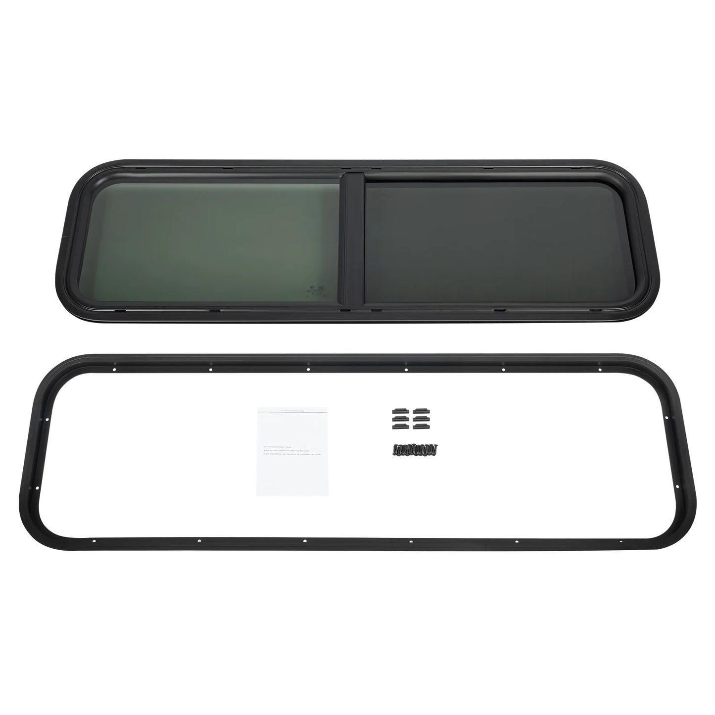 RV Horizontal Sliding Window 42'W X 12'H Black Aluminum Alloy Frame with Privacy Tinted Tempered Glass, Built-in Screen & Decorative Trim Ring, Waterproof Seal & Security Lock for RV Camper Trailer Cargo Van