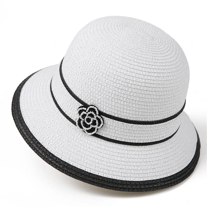 Spring Summer Straw Hat for Women Camellia Luxury Brand Bucket Hat Elegant Floral Elegant Straw Travel Beach Panama  Cap Sun Hat