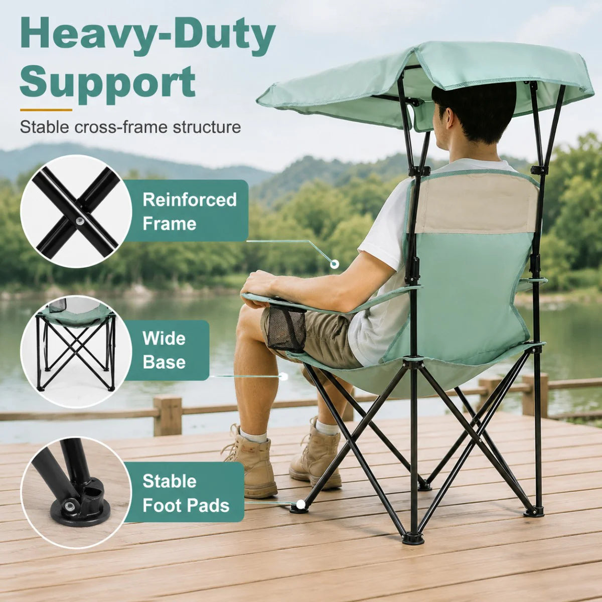 Portable Beach Chair with Cup Holder & Side Pocket, Duty Lawn Chair with Carry Bag for Camping, Beach, Fishing, Patio, Hiking,YOUNG WOOD Outdoor Folding Camping Chair with Adjustable Canopy