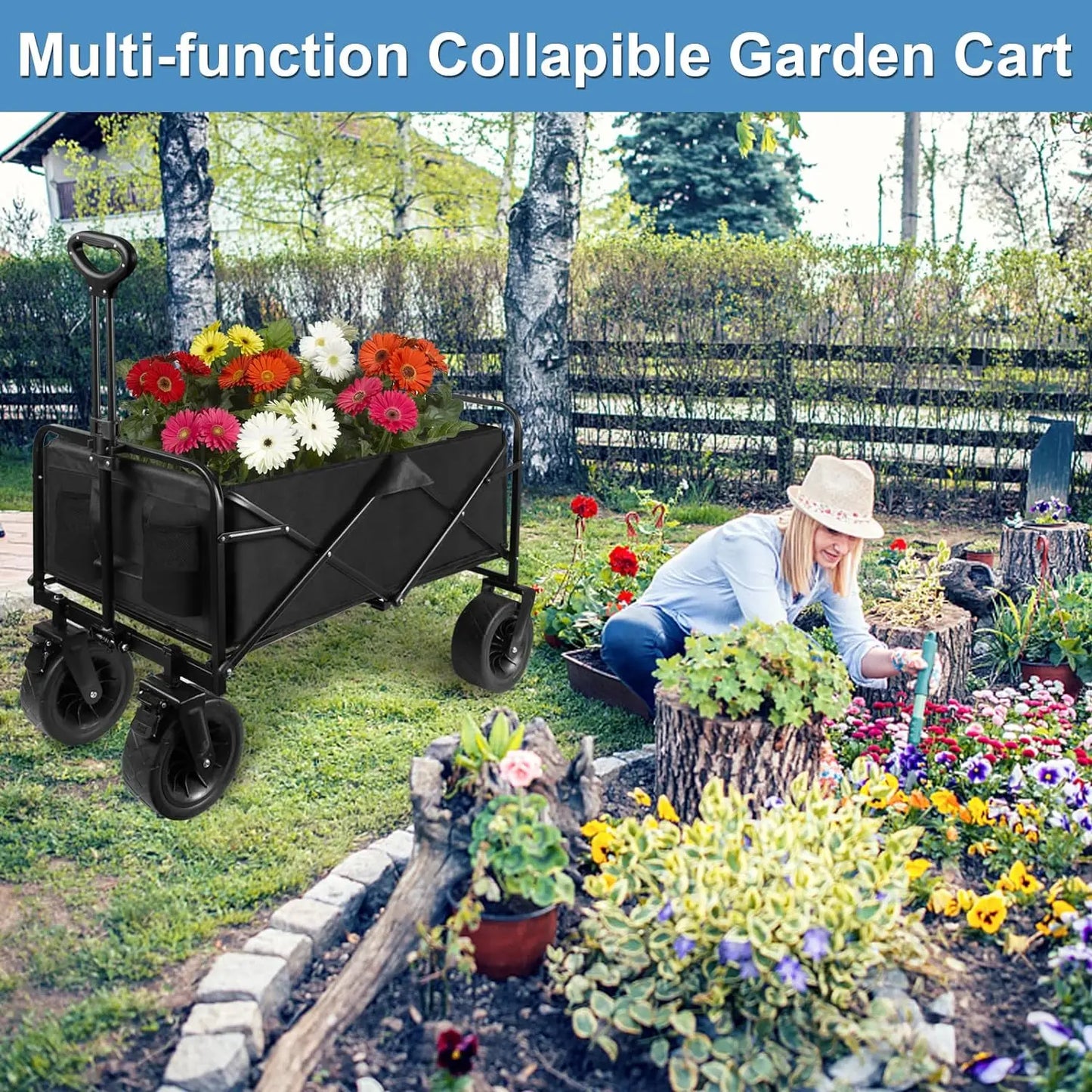 Black Collapsible Folding Wagon, Outdoor Utility with Wheels/Adjustable Handle for Camping, Garden, Sports, Picnic and Shopping