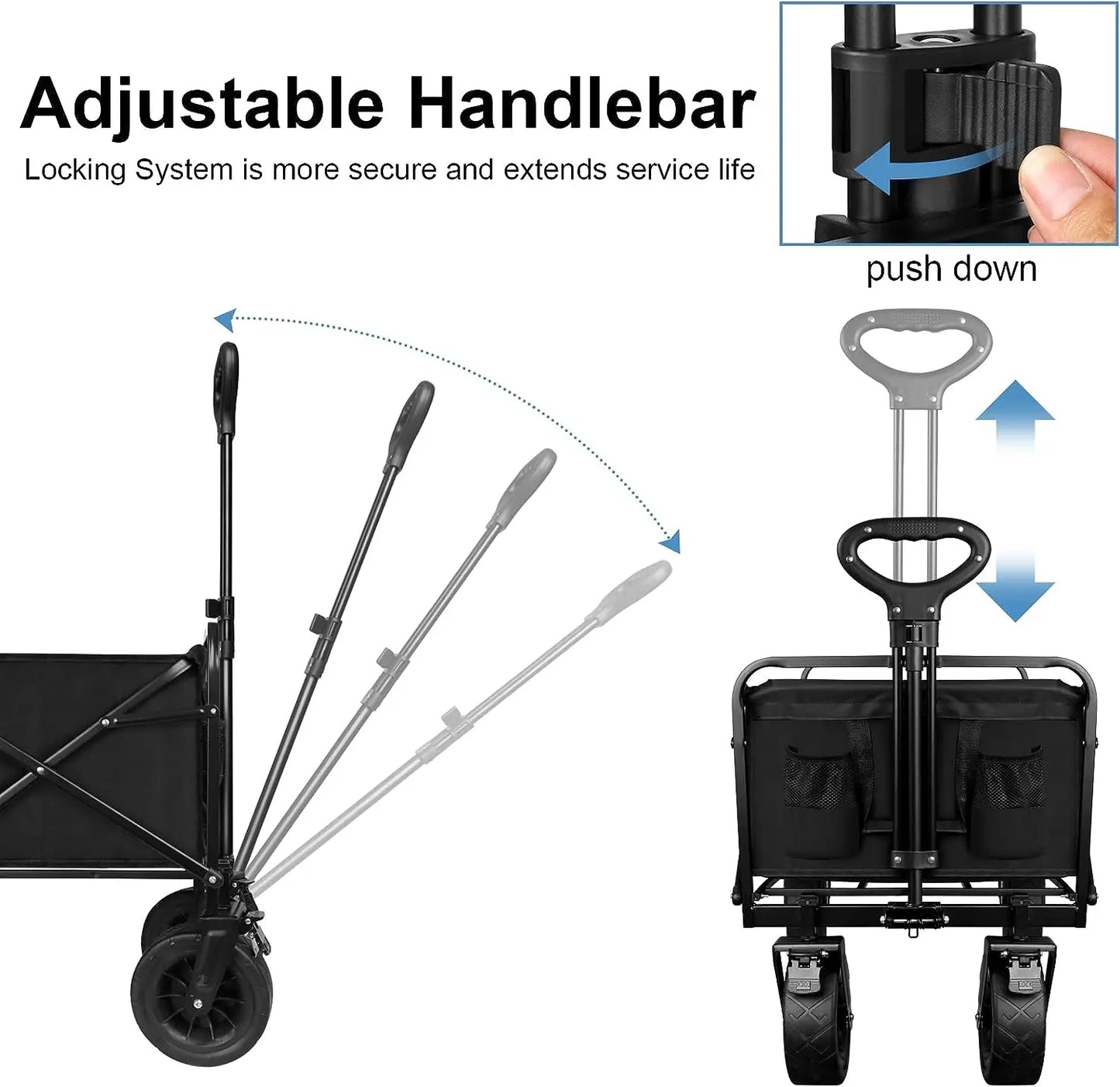 Black Collapsible Folding Wagon, Outdoor Utility with Wheels/Adjustable Handle for Camping, Garden, Sports, Picnic and Shopping