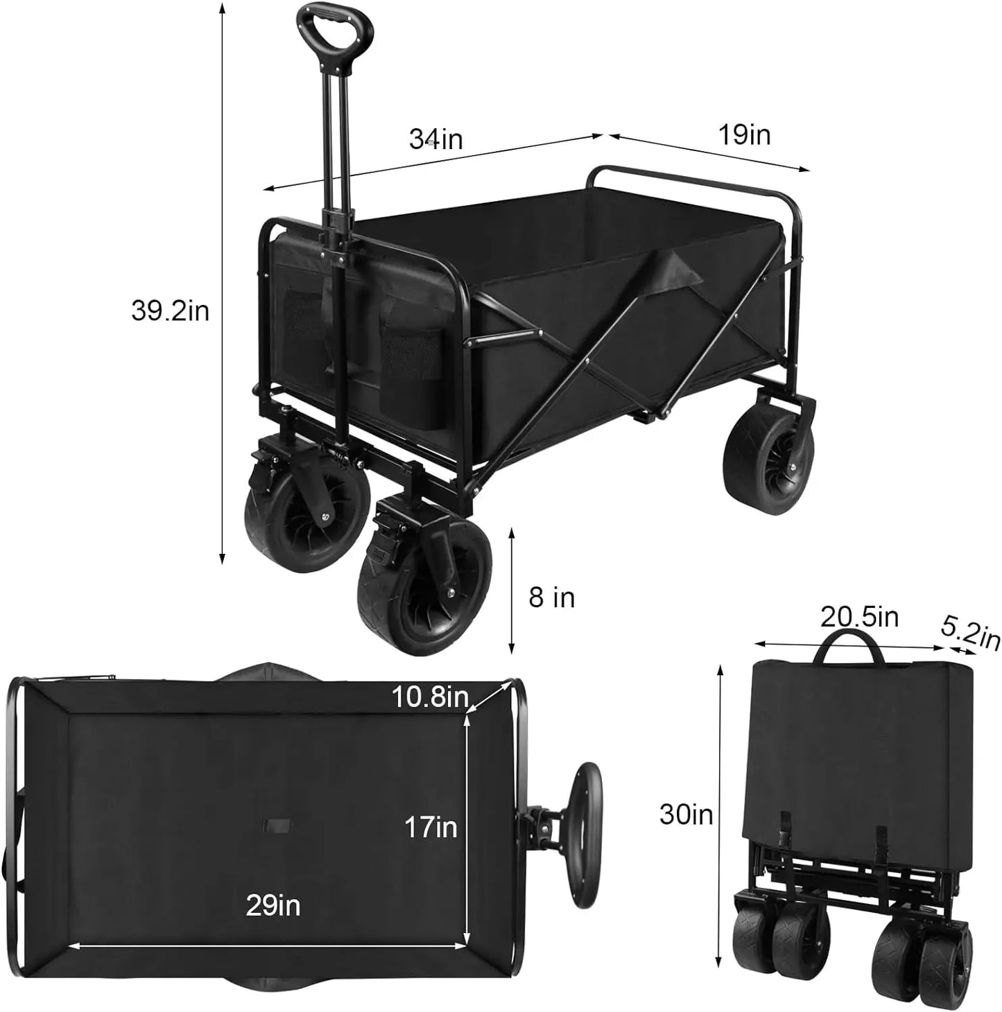 Black Collapsible Folding Wagon, Outdoor Utility with Wheels/Adjustable Handle for Camping, Garden, Sports, Picnic and Shopping