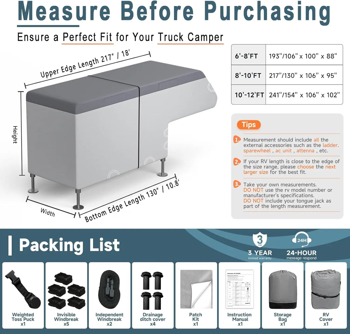 Umbrauto Truck Camper Cover, Upgraded 7 Layers Top Waterproof Slide-in RV Cover with Windproof Straps & Complete Accessory Kit