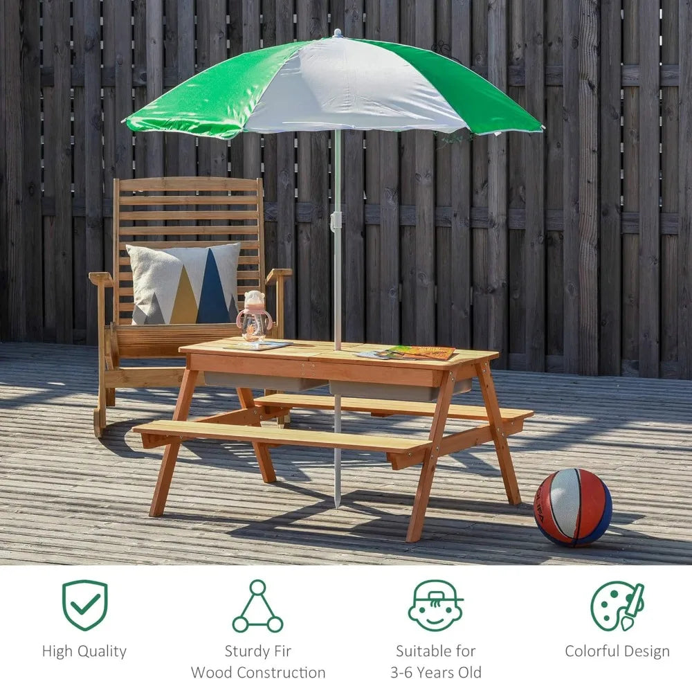 3-in-1 Kids Sand Water Table with Umbrella, Convertible Wooden Picnic Bench for Outdoor Garden Play