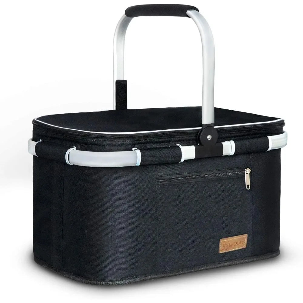 Large 35L Insulated Picnic Basket with Double Layer Pockets Leak Proof Foldable Stable for Outdoor Use